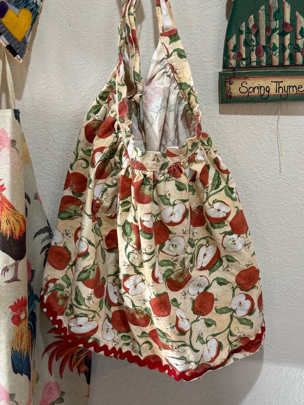 Vintage Apple Print Ruffled Cottagecore Kitchen Apron | Farmhouse Red Trim
